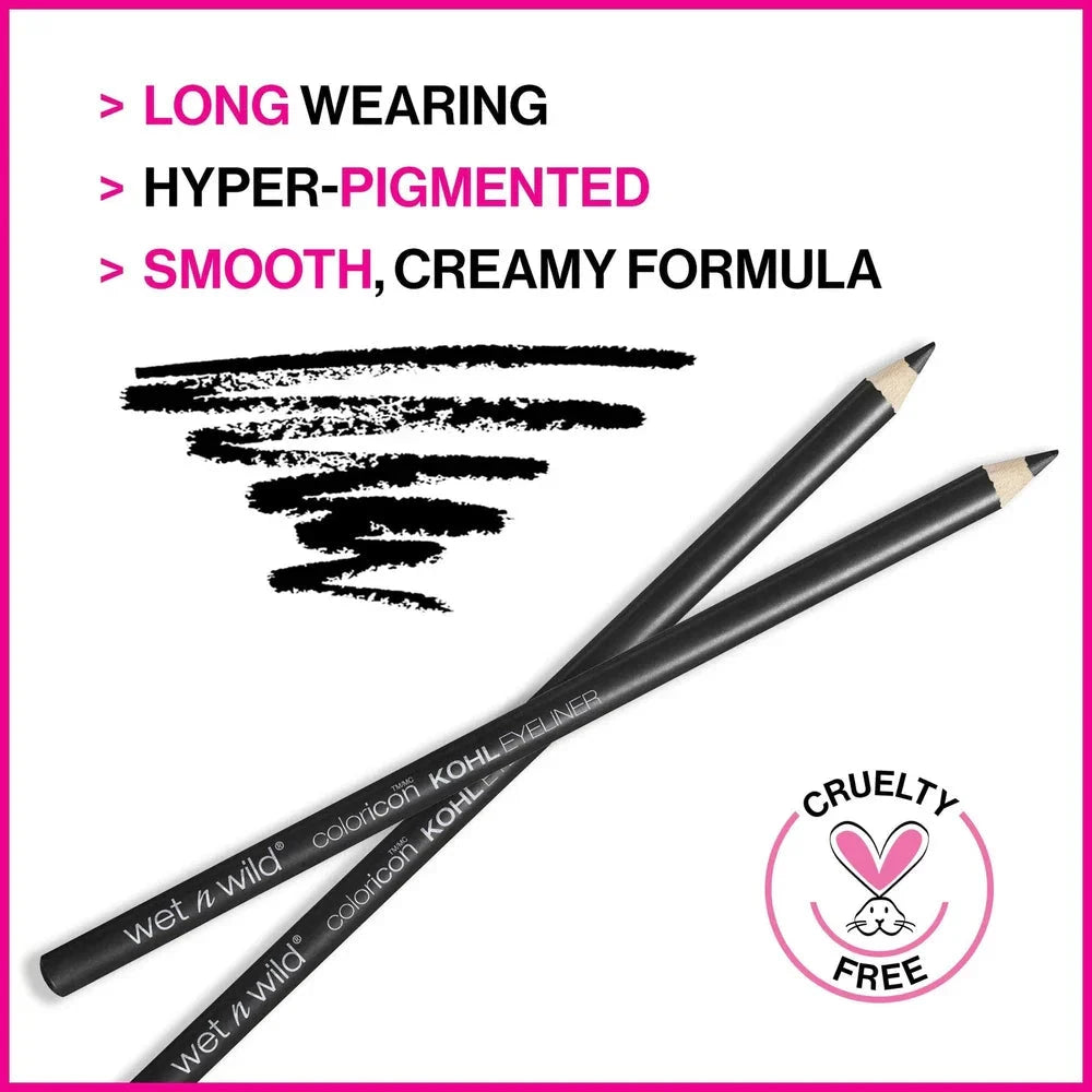 Wet n Wild Color Icon Kohl Eyeliner in Baby's Got Black, close-up of black eyeliner pencil with brand packaging.