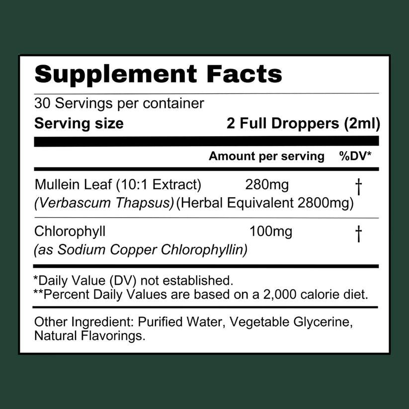 Bottle of Aurenza Shop Zileva Mullein and Chlorophyll supplement with green herbal capsules on a white background.