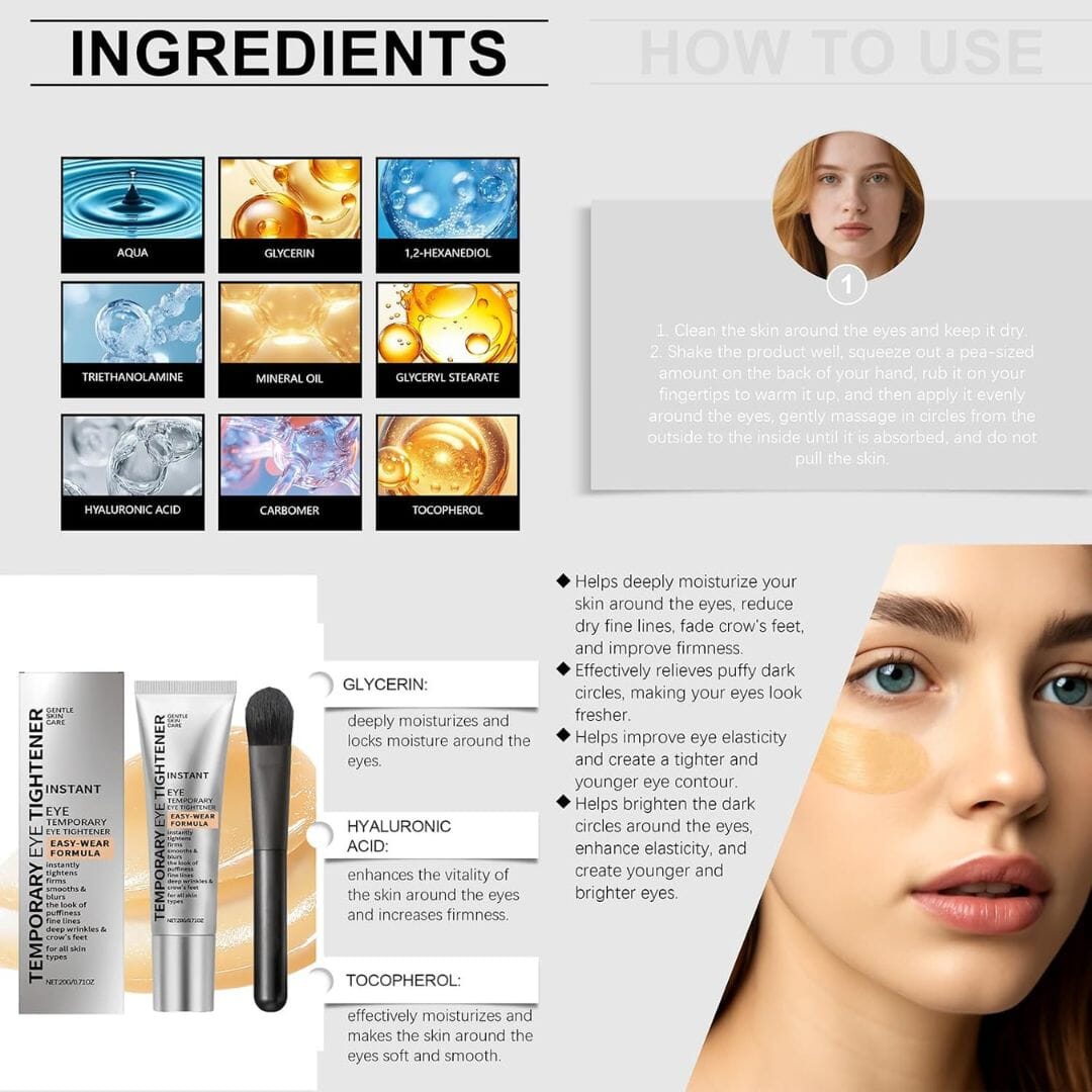 Aurenza EyeGlow™ Eye Tightening Solution in a sleek container, designed to improve skin firmness around the eyes.