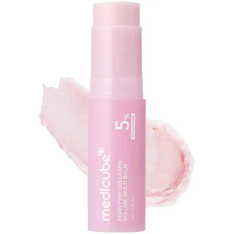 A close-up of the Medicube PDRN Pink Collagen Volume Multi Balm by Corevia, a face skincare product with pink-colored balm in a jar.