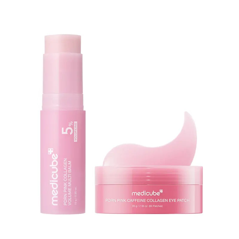 A close-up of the Medicube PDRN Pink Collagen Volume Multi Balm in a sleek container, designed for facial skincare by Corevia.