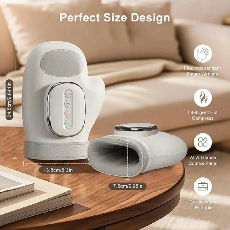 Gray cordless hand massager with airbag compression, finger and wrist massage, designed for carpal tunnel relief.