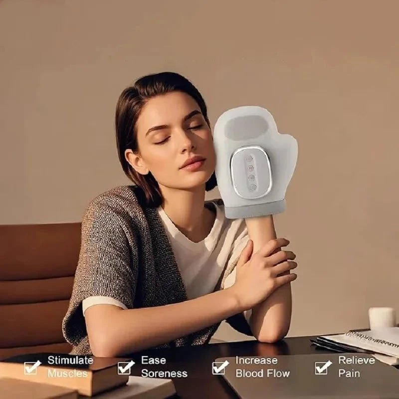 Gray Aurenza Shop cordless hand massager with airbag compression for finger, wrist, and carpal tunnel relief.