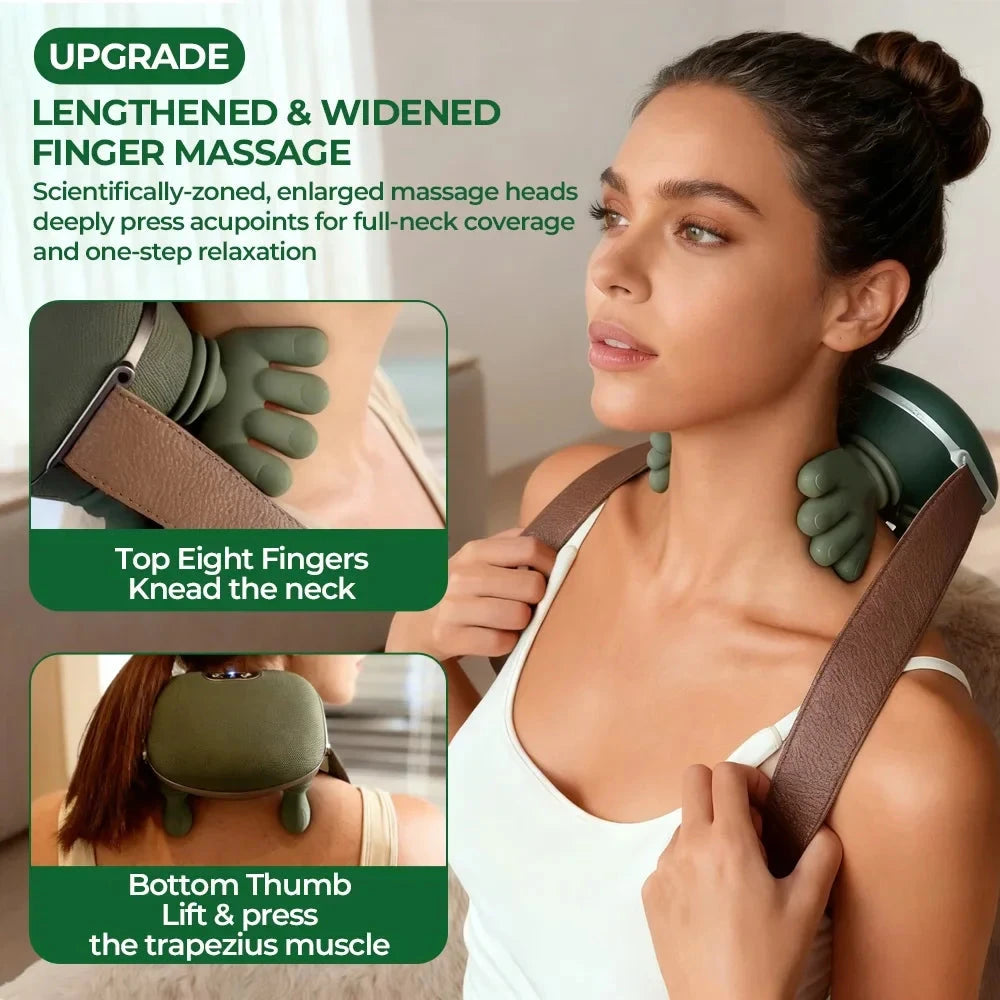 Aurenza Shop wireless neck and shoulder massager with deep kneading massage nodes, in green, for muscle relief and relaxation.