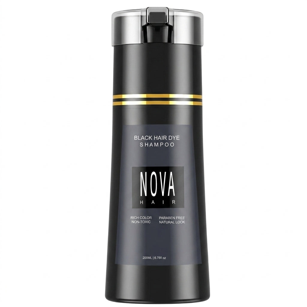 Aurenza Nova Hair Instant Black Dye Shampoo 200ml bottle, showing the black hair dye shampoo for quick hair coloring.