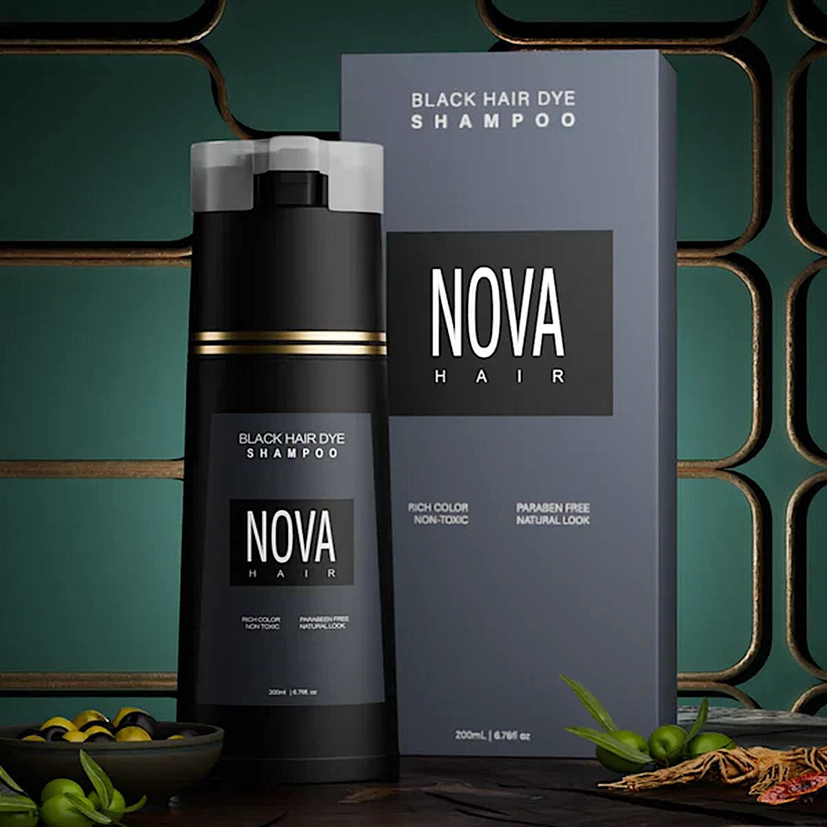Aurenza Nova Hair Instant Black Dye Shampoo 200ml bottle with black and white label, designed for easy hair coloring.