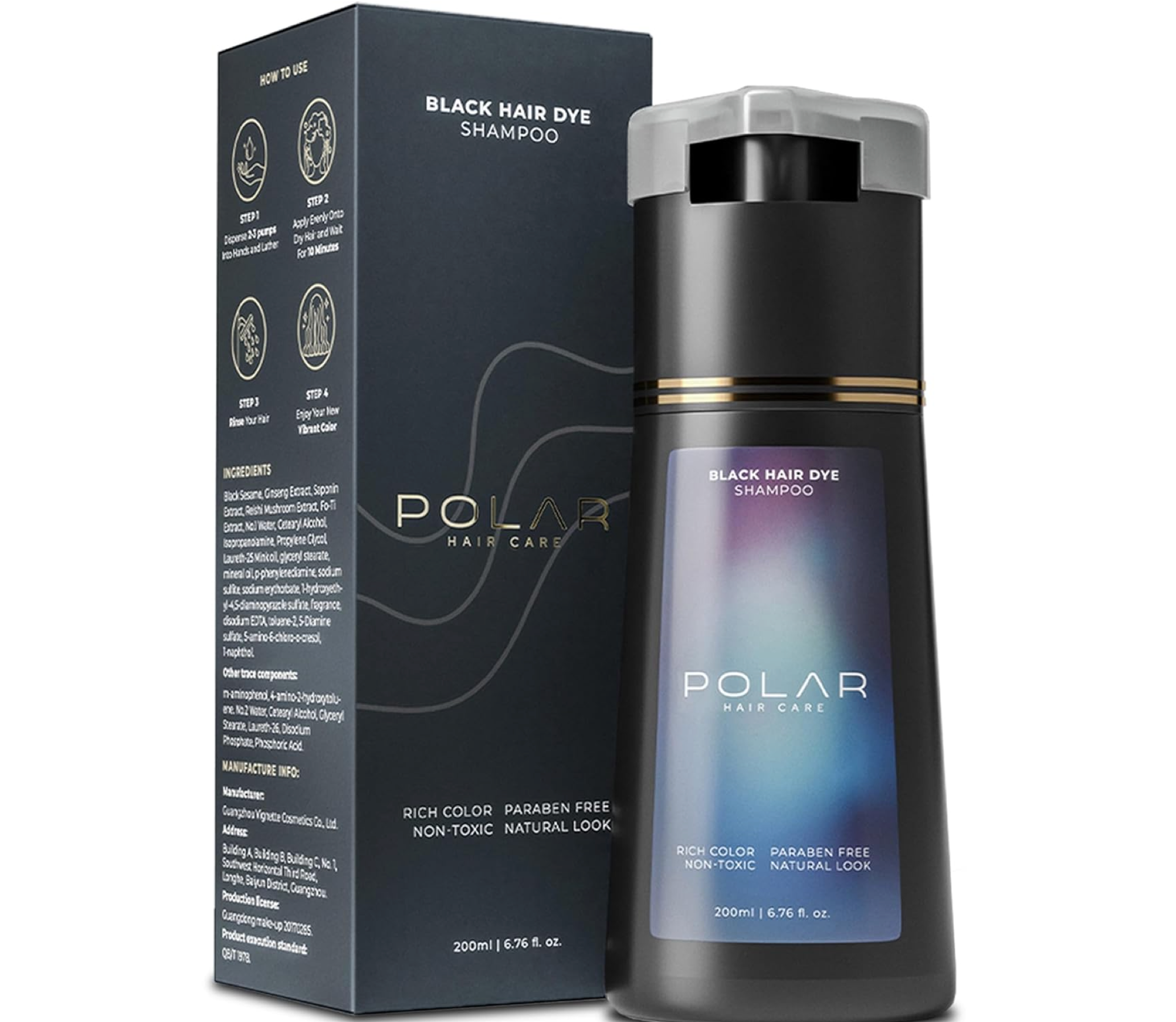 Aurenza Polar Hair Care Instant Black Dye Shampoo 200ml bottle with label, designed for quick black hair coloring.