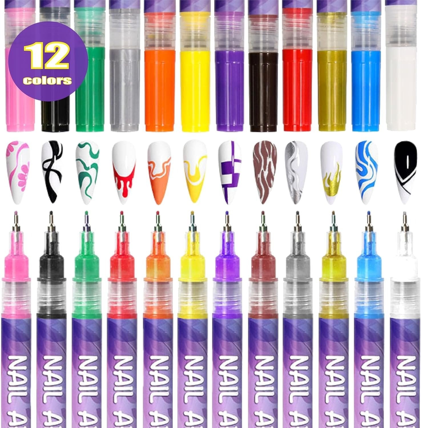Aurenza Shop 12-color nail art pens set for detailed nail designs, featuring vibrant ink colors for creative beauty looks.