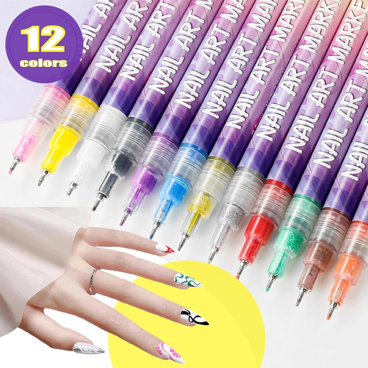 Aurenza Shop 12-color nail art pens set for creative nail designs, featuring vibrant ink colors on a sleek white background.