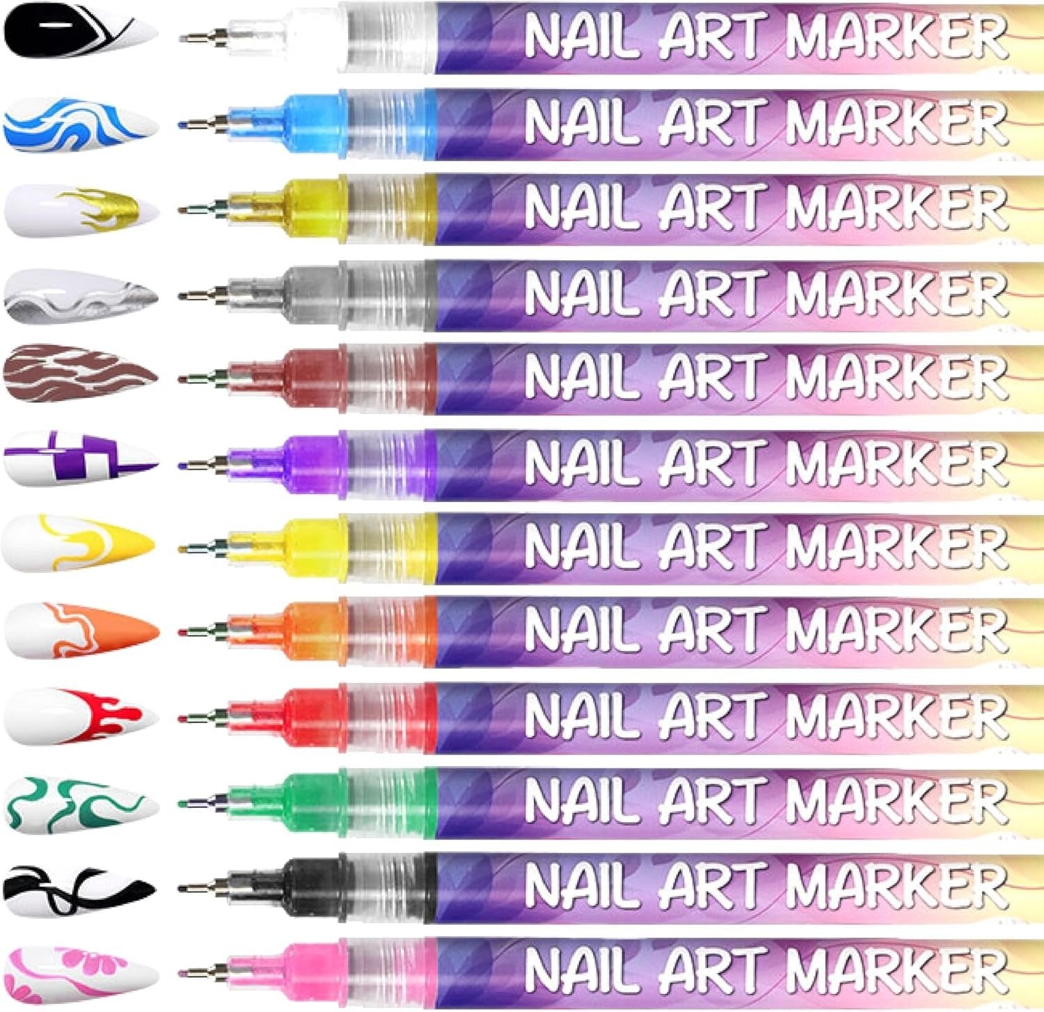 Aurenza Shop 12-color nail art pens set for detailed nail designs in a sleek, colorful display for beauty and nail art enthusiasts.