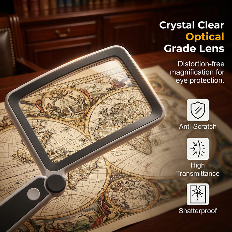 Gray folding handheld magnifying glass with built-in light for reading, designed for houseware and kitchen use by Aurenza Shop.