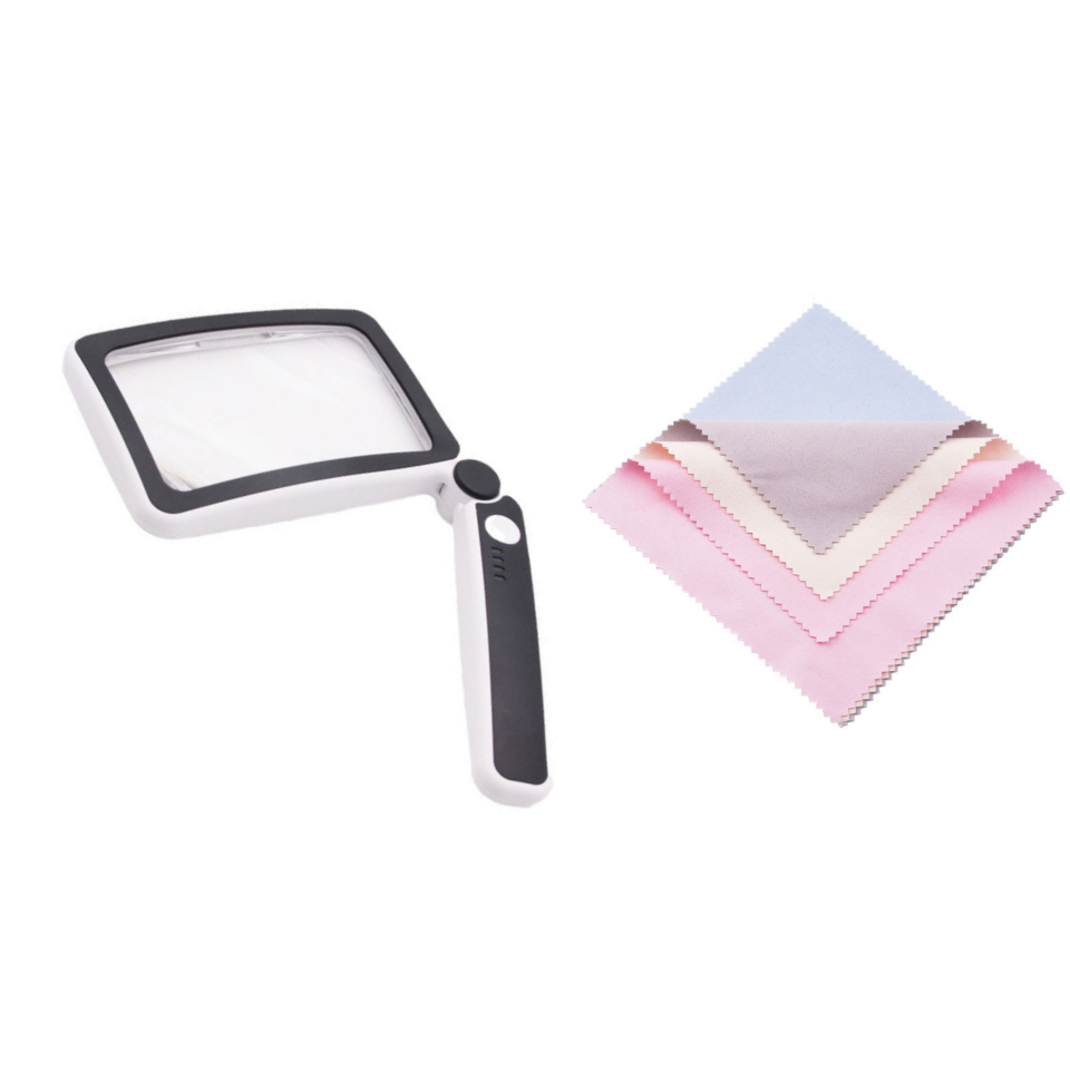 Gray folding handheld magnifying glass with built-in light for reading, ideal for houseware and kitchen use.