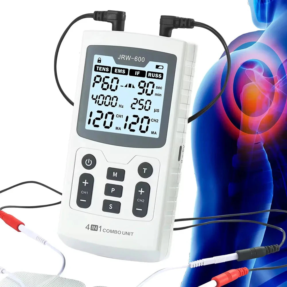 Aurenza Shop 4-in-1 Electric Muscle Stimulator device with control panel and electrode pads for physiotherapy and muscle relief.