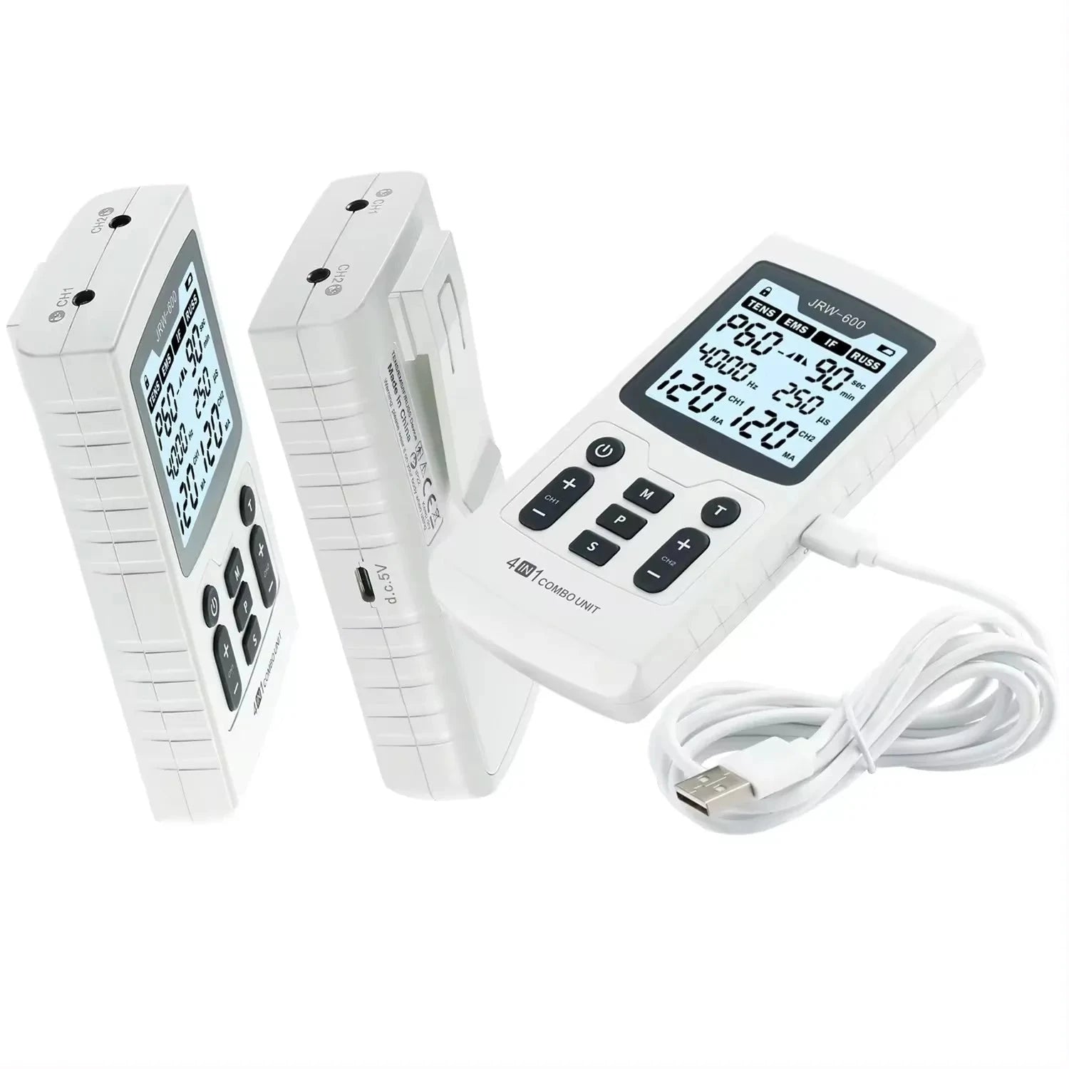 Aurenza 4-in-1 electric muscle stimulator with interferential, high-frequency physiotherapy, TENS, and pulse electrotherapy devices.