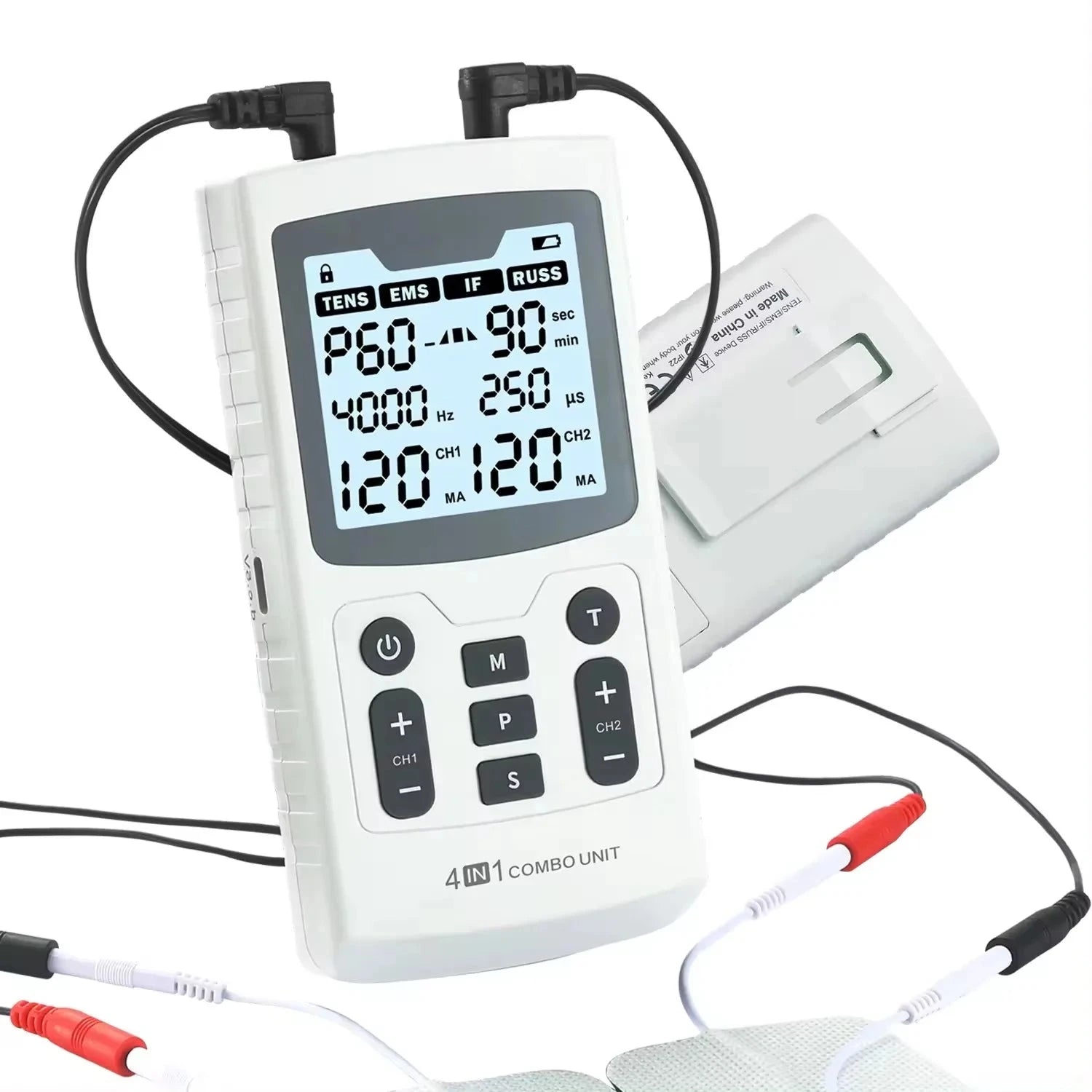 Aurenza 4-in-1 electric muscle stimulator device with control panel and electrode pads for physiotherapy and pain relief.