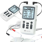 Aurenza 4-in-1 Electric Muscle Stimulator device with digital display, electrodes, and control knobs for physiotherapy and TENS therapy.