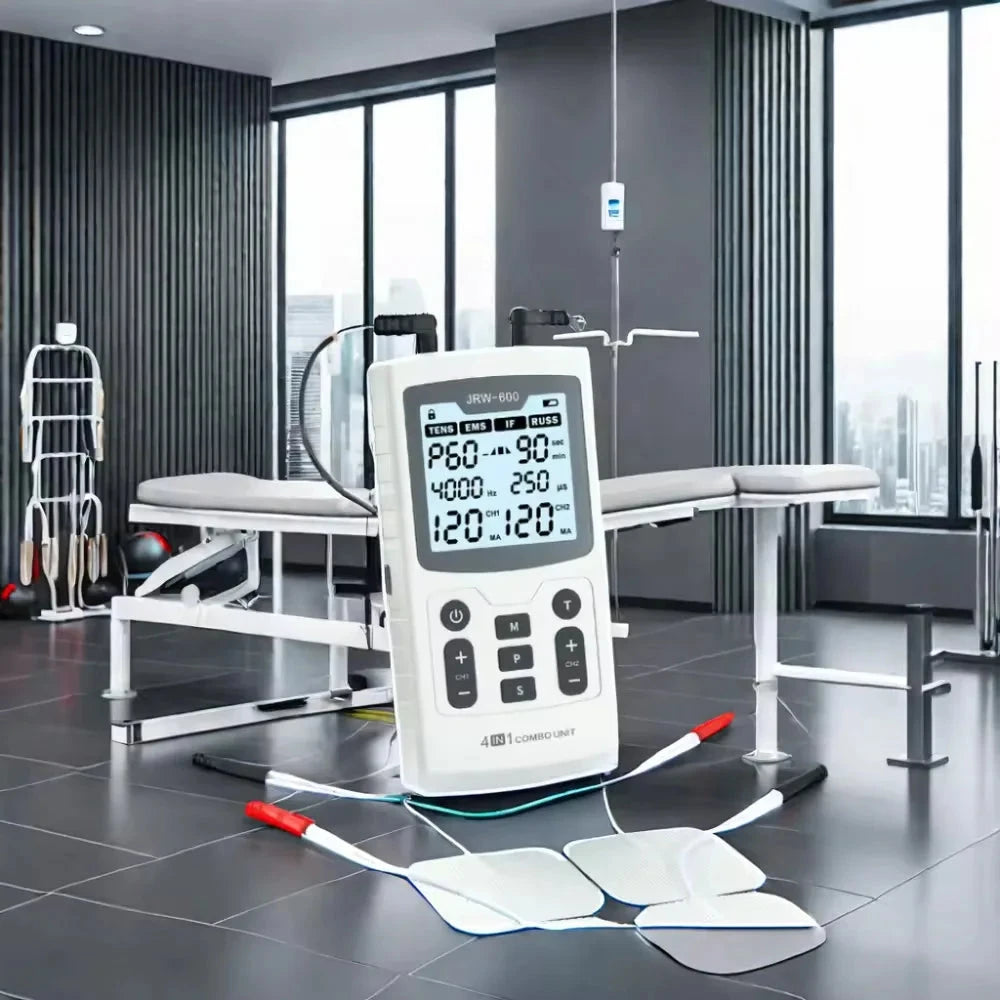 Aurenza 4-in-1 electric muscle stimulator device with control panel, electrodes, and display for physiotherapy and pain relief.