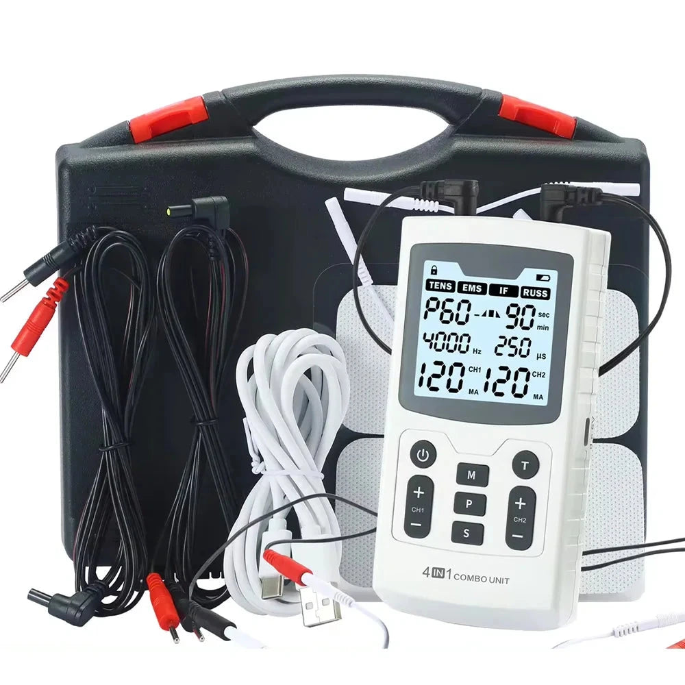Aurenza 4-in-1 Electric Muscle Stimulator device with control panel and electrode pads for physiotherapy and muscle relief.