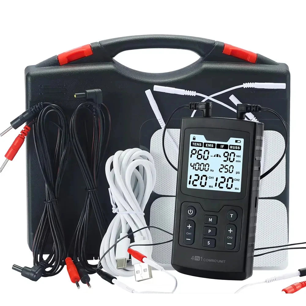 Aurenza 4-in-1 Electric Muscle Stimulator device with control panel, electrodes, and display for physiotherapy and muscle pain relief.