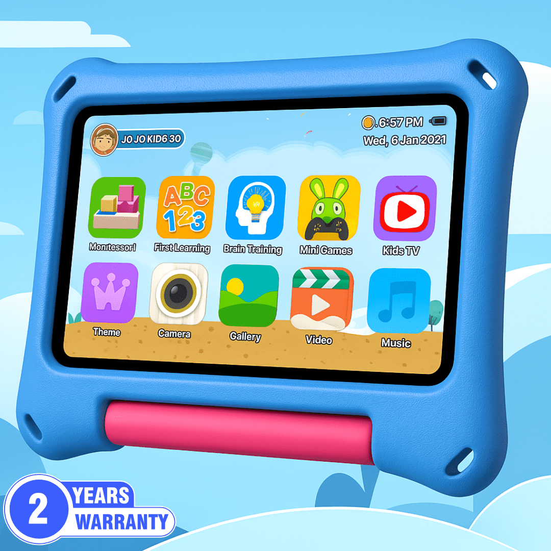 Sky blue TinyBuddy Pro 2 kids educational tablet by Aurenza Shop with colorful screen display and child-friendly design.