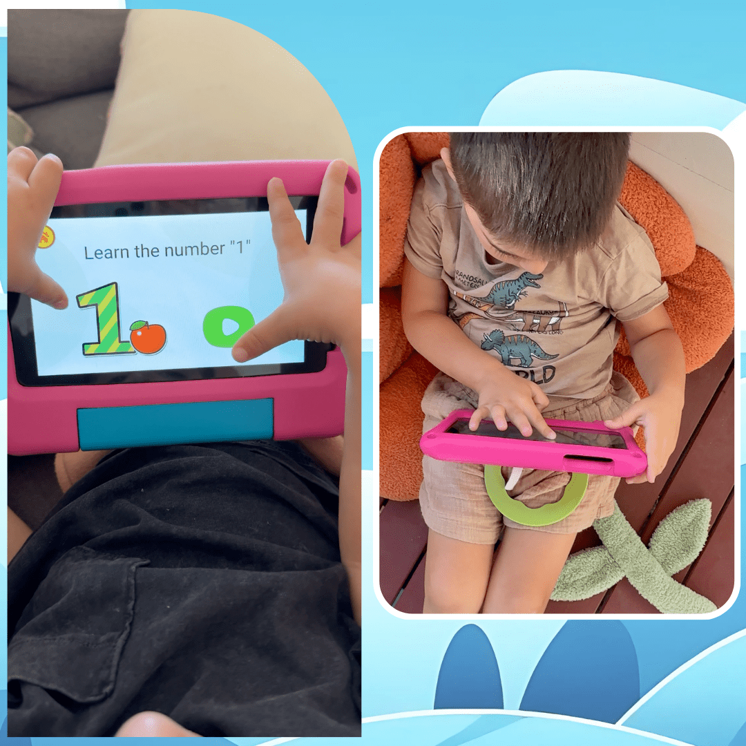 Sky blue TinyBuddy Pro 2 kids educational tablet from Aurenza Shop with colorful screen and child-friendly design.