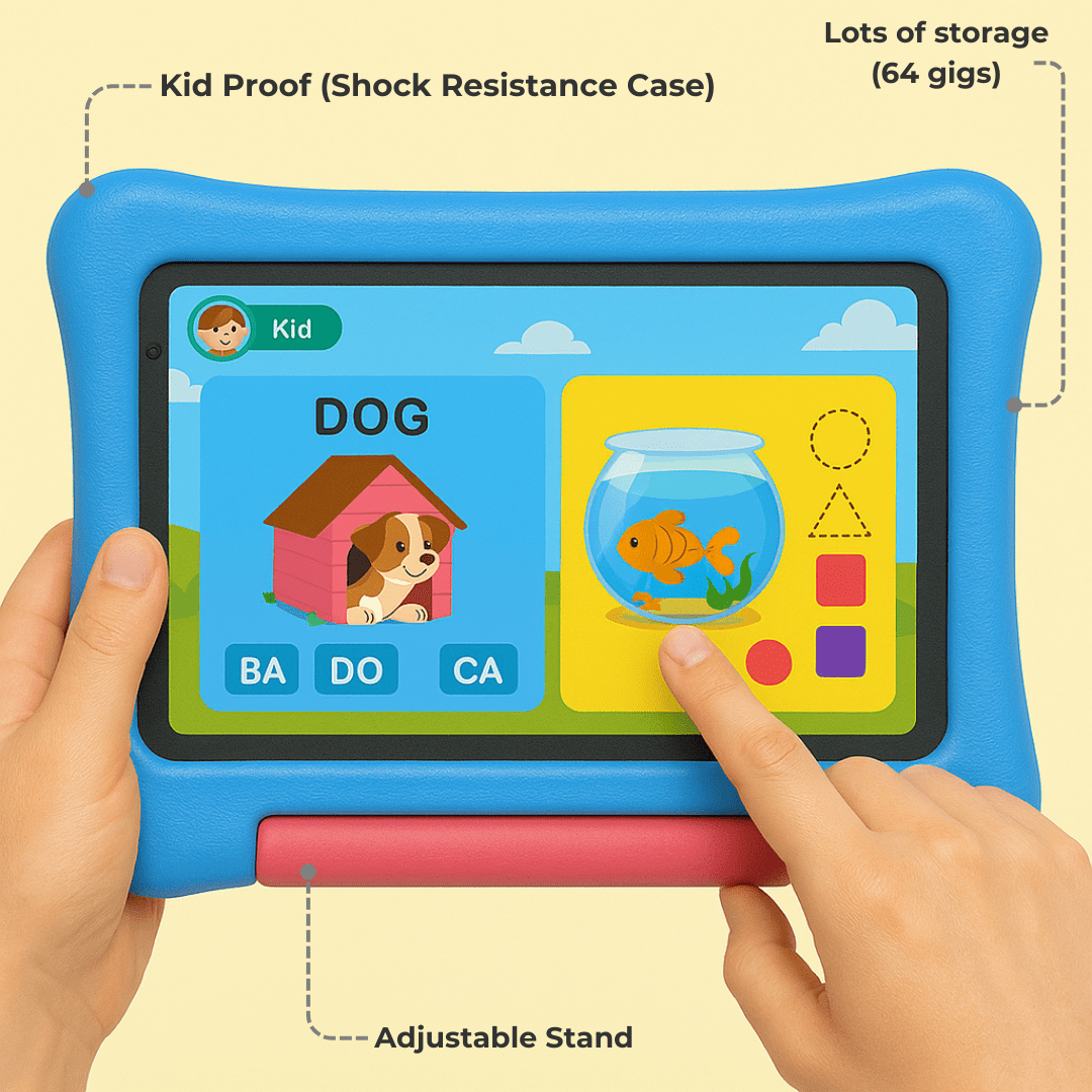 Sky blue TinyBuddy Pro 2 kids educational tablet by Aurenza Shop, featuring a screen and colorful controls for young learners.