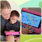 Sky blue TinyBuddy Pro 2 kids educational tablet by Aurenza Shop, showing colorful screen with educational apps and child-friendly design.