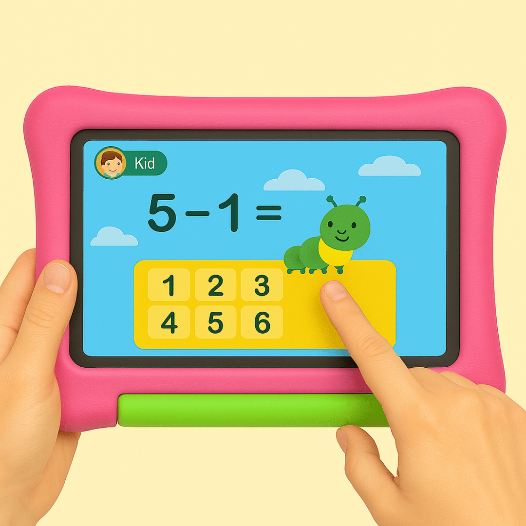 Sky blue TinyBuddy Pro 2 kids educational tablet by Aurenza Shop, featuring a screen with colorful educational icons.