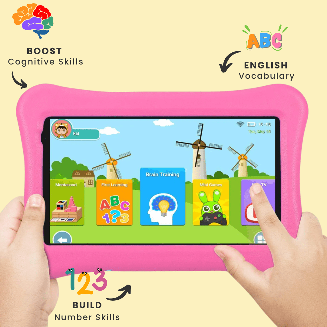 Sky blue TinyBuddy Pro 2 kids educational tablet by Aurenza Shop, featuring a sleek design and colorful screen for learning fun.