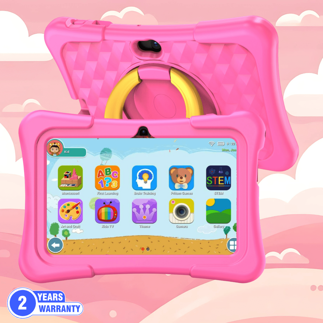 Sky blue TinyBuddy Pro 3 kids educational tablet by Aurenza Shop, showing the tablet with colorful app icons on the screen.