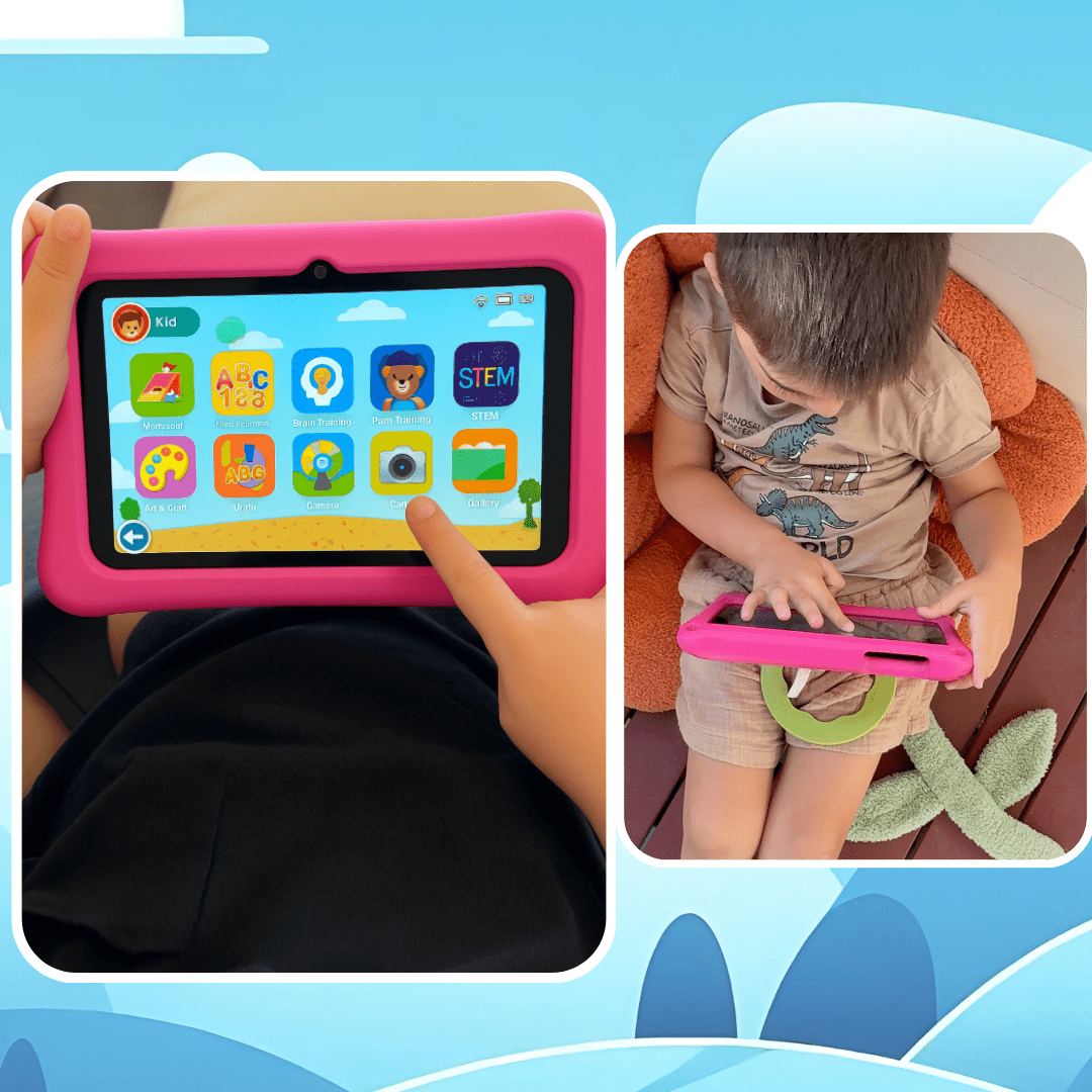 Sky blue TinyBuddy Pro 3 kids educational tablet by Aurenza Shop, showing screen with colorful app icons and child-friendly design.