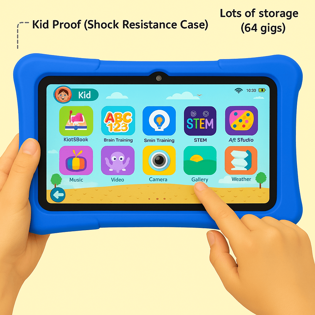 Sky blue TinyBuddy Pro 3 kids educational tablet by Aurenza Shop showing a colorful screen and child-friendly design.