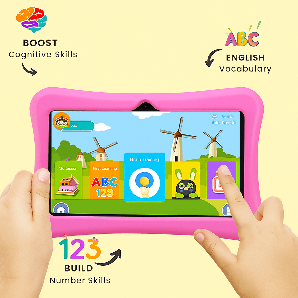 Sky blue TinyBuddy Pro 3 kids educational tablet by Aurenza Shop with colorful screen and child-friendly design.