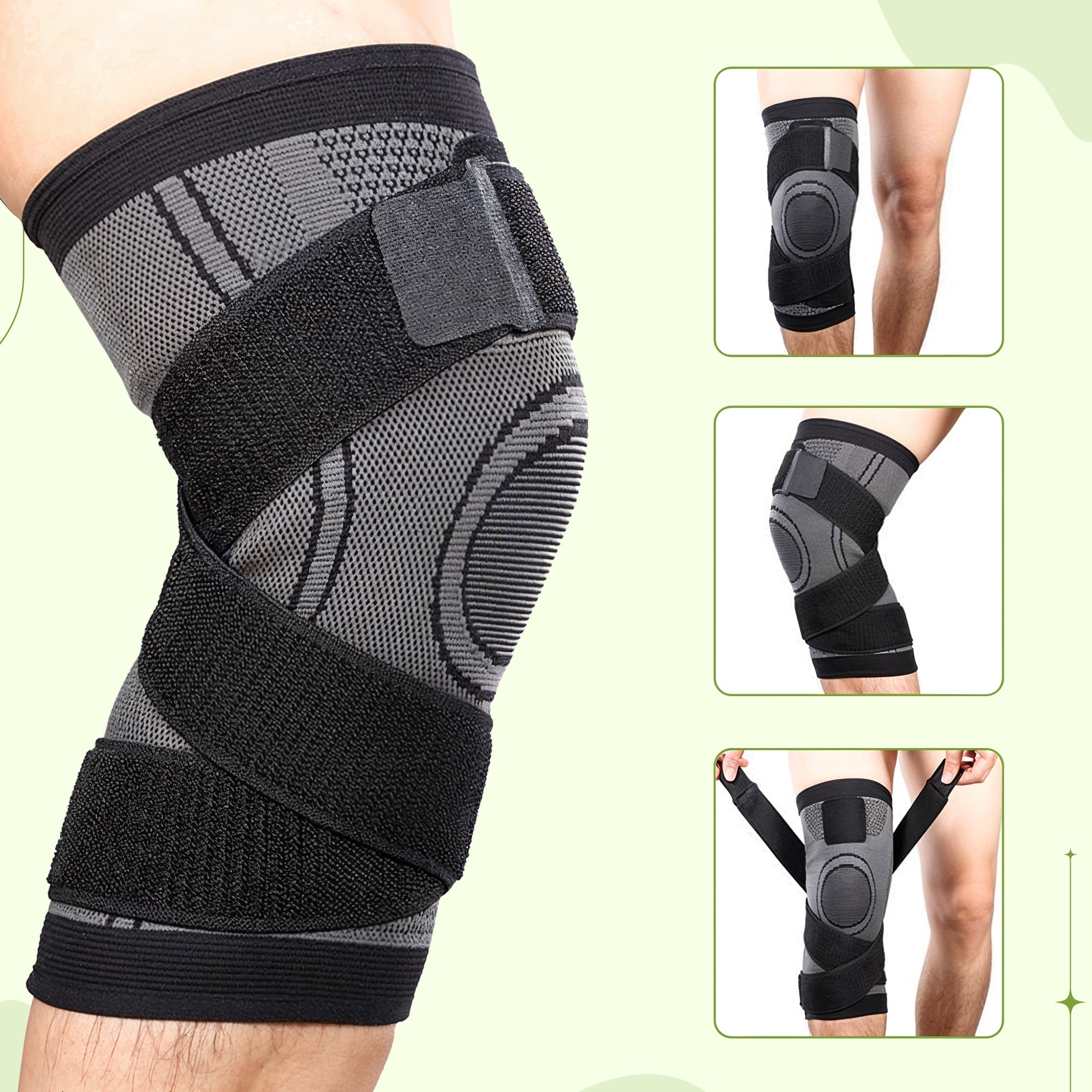 Black and green Aurenza Shop compression knee support sleeve for men and women, ideal for running, hiking, and sports.