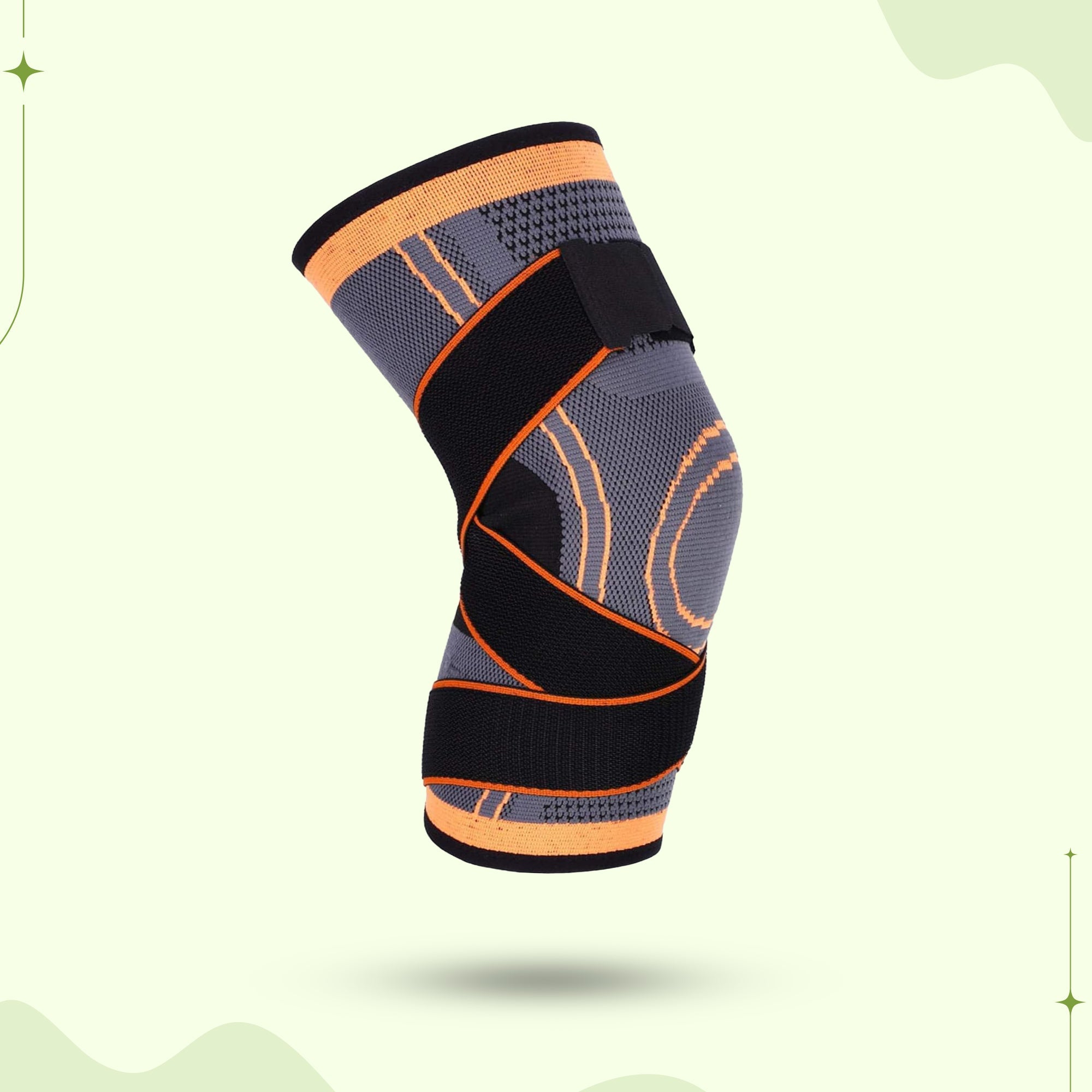 Black and green compression knee support brace by Aurenza Shop, suitable for running, walking, hiking, and sports.