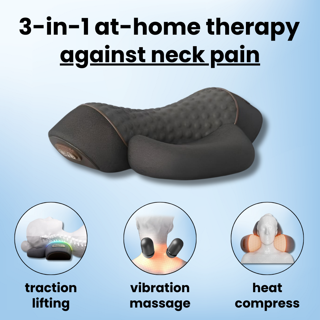 Aurenza Therava 3-in-1 Neck Massager showing a sleek black device for relieving neck tension and muscle pain.