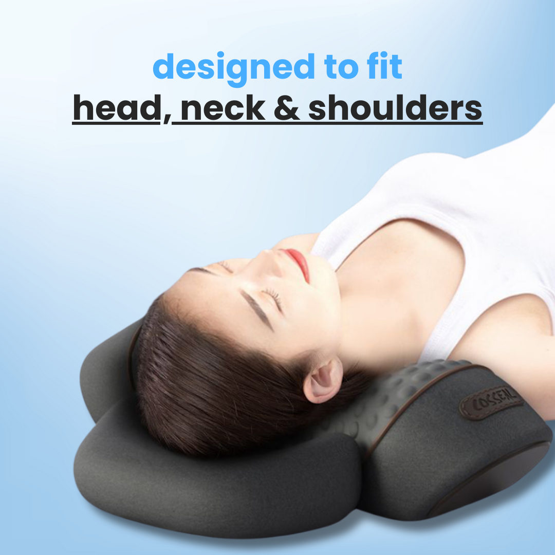 Aurenza Therava 3-in-1 Neck Massager showing adjustable design, padded cushions, and control buttons for relaxing neck therapy.