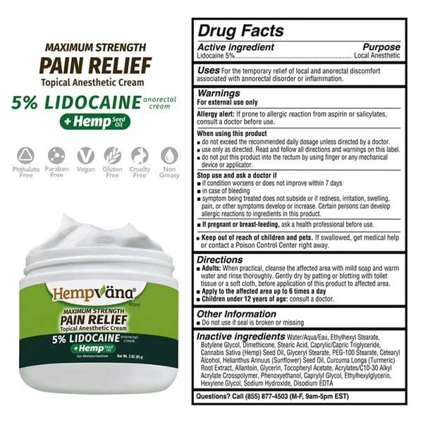 Anorectal cream with 5% Lidocaine for pain relief, in a tube, displayed on a white background.