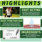 Lidocaine pain relief cream in a tube, providing fast-acting topical pain relief, with a smooth, white cream visible on the packaging
