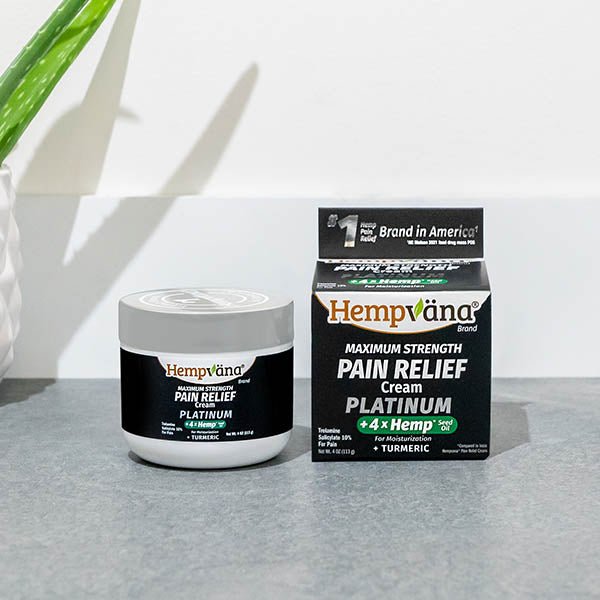 Aurenza Shop Platinum Pain Relief Cream jar with white lid and label, highlighting pain relief properties and soothing benefits.