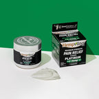 Aurenza Shop Platinum Pain Relief Cream jar with a white lid and label, designed for soothing pain relief on the skin.