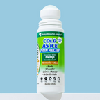 Aurenza Shop Cold As Ice Pain Relief Roll-On showing the sleek blue bottle and applicator for targeted pain relief.