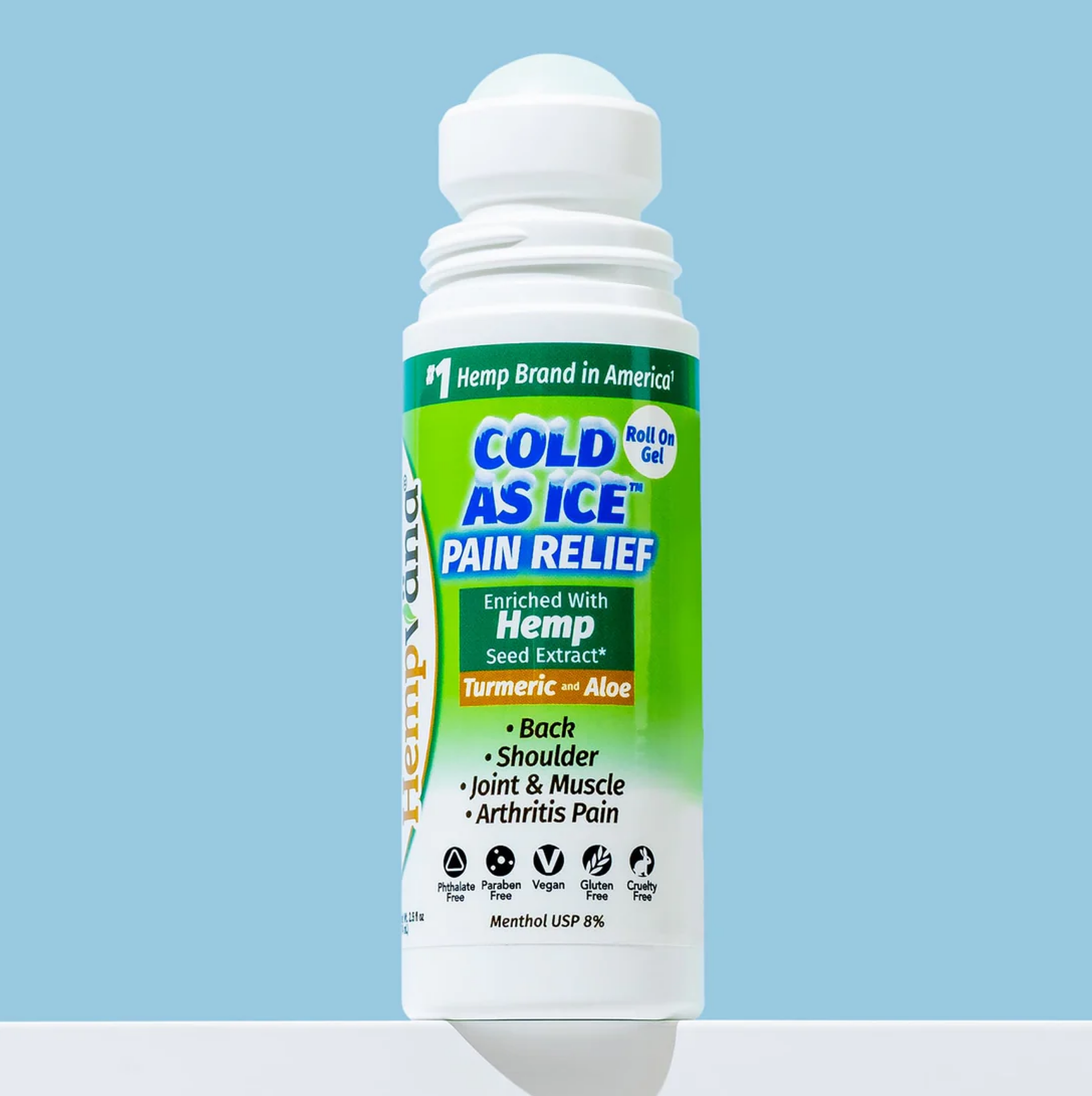 Aurenza Shop Cold As Ice Pain Relief Roll-On showing the sleek blue bottle and applicator for targeted pain relief.