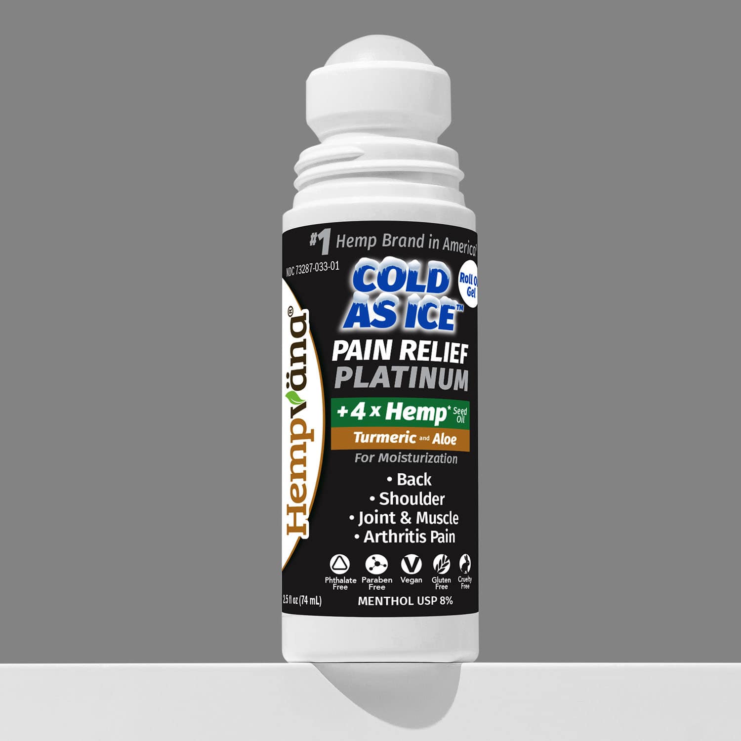 Aurenza Shop Platinum Cold As Ice Pain Relief Roll On, clear applicator bottle with blue cap, for soothing pain relief.