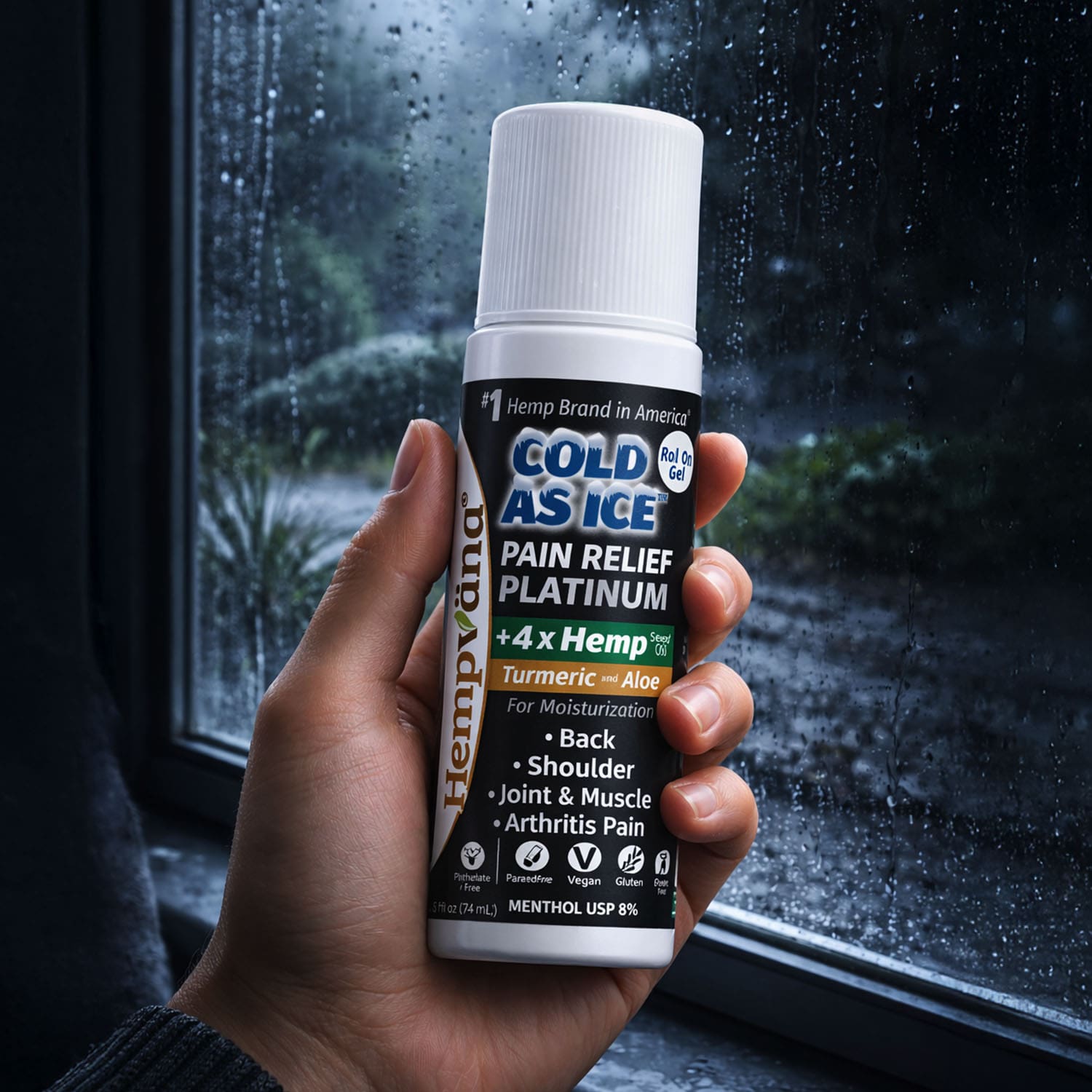 Aurenza Shop Platinum Cold As Ice Pain Relief Roll On bottle showing the product label and applicator tip for targeted pain relief.