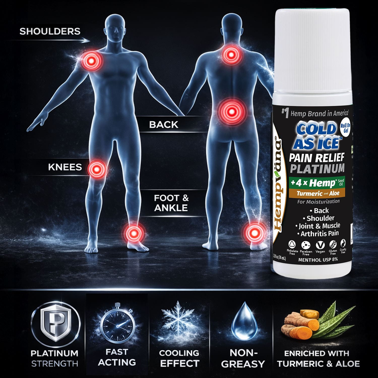 Aurenza Shop Platinum Cold As Ice Pain Relief Roll On bottle with applicator for soothing pain relief.
