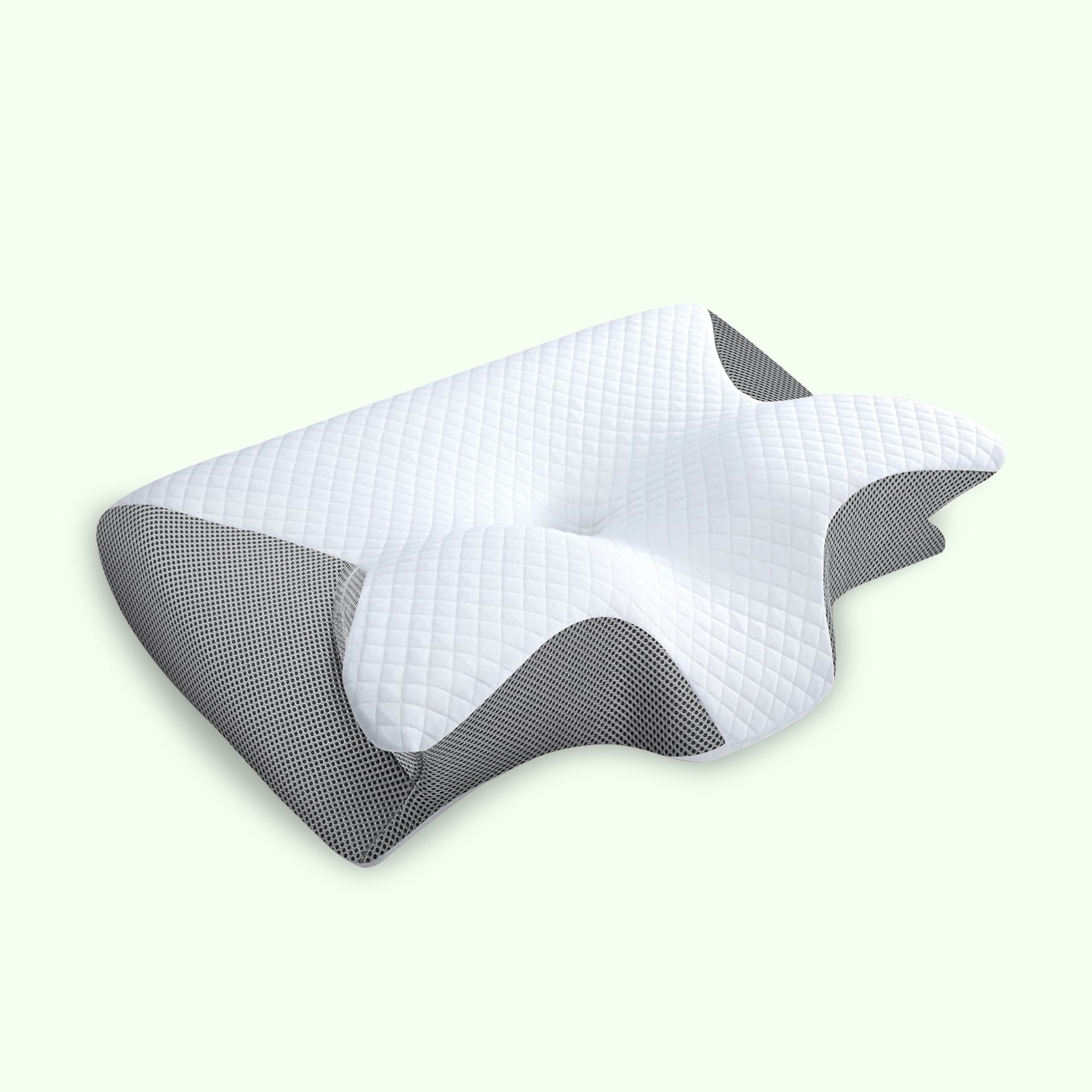 Grey butterfly-shaped memory foam neck pillow with armrests, designed for side and back sleepers.