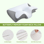 Gray butterfly-shaped memory foam neck pillow with armrests by Aurenza Shop, designed for side and back sleepers.
