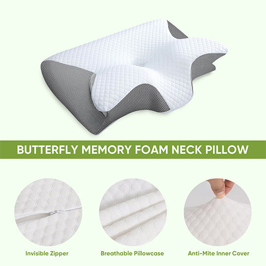 Gray butterfly-shaped memory foam neck pillow with armrests by Aurenza Shop, designed for side and back sleepers.