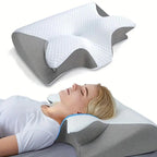 Grey Butterfly Memory Foam Neck Pillow with armrests, designed for side and back sleepers, by Aurenza Shop.